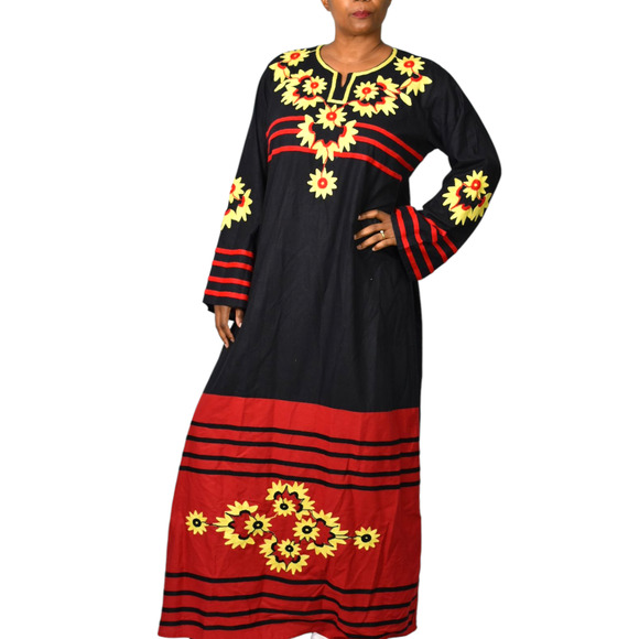 Egyptian Embroidered Caftan Dress Black Long Sleeve Cover Up Tunic Floral Large - Picture 13 of 15